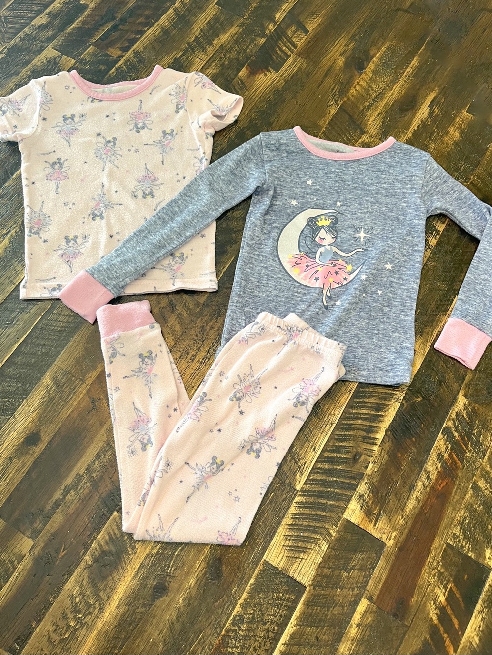 LAURA ASHLEY 3 Piece Pajama Set Ballerina Moon Knit Pink Grey Girls Toddler 4